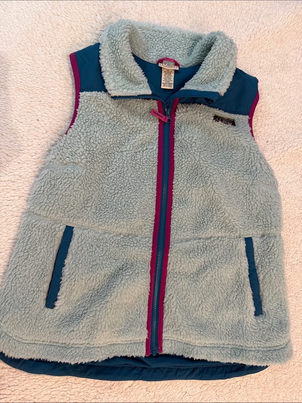 L.L. Bean Light Blue Sherpa Vest with Teal Panels and Magenta Trim